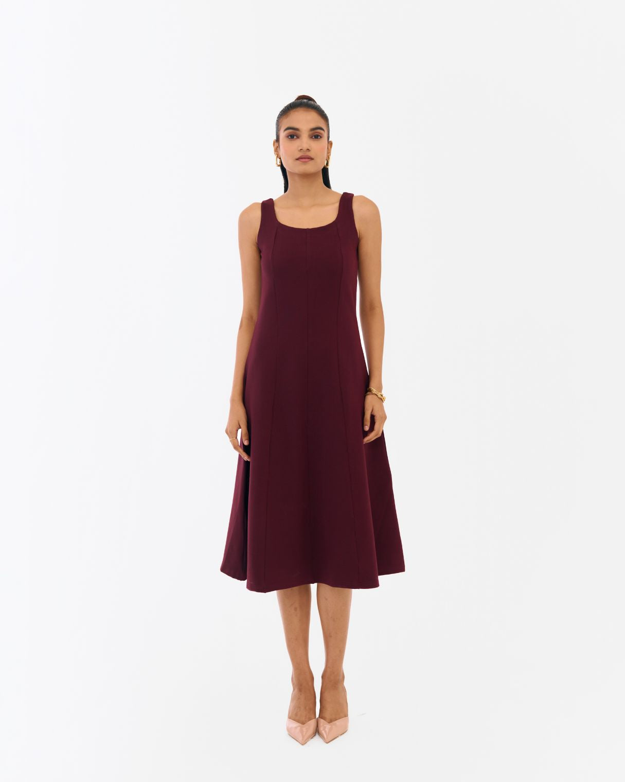 wine fit and flare dress Wine Fit And Flare Knee Length Dress main image 1