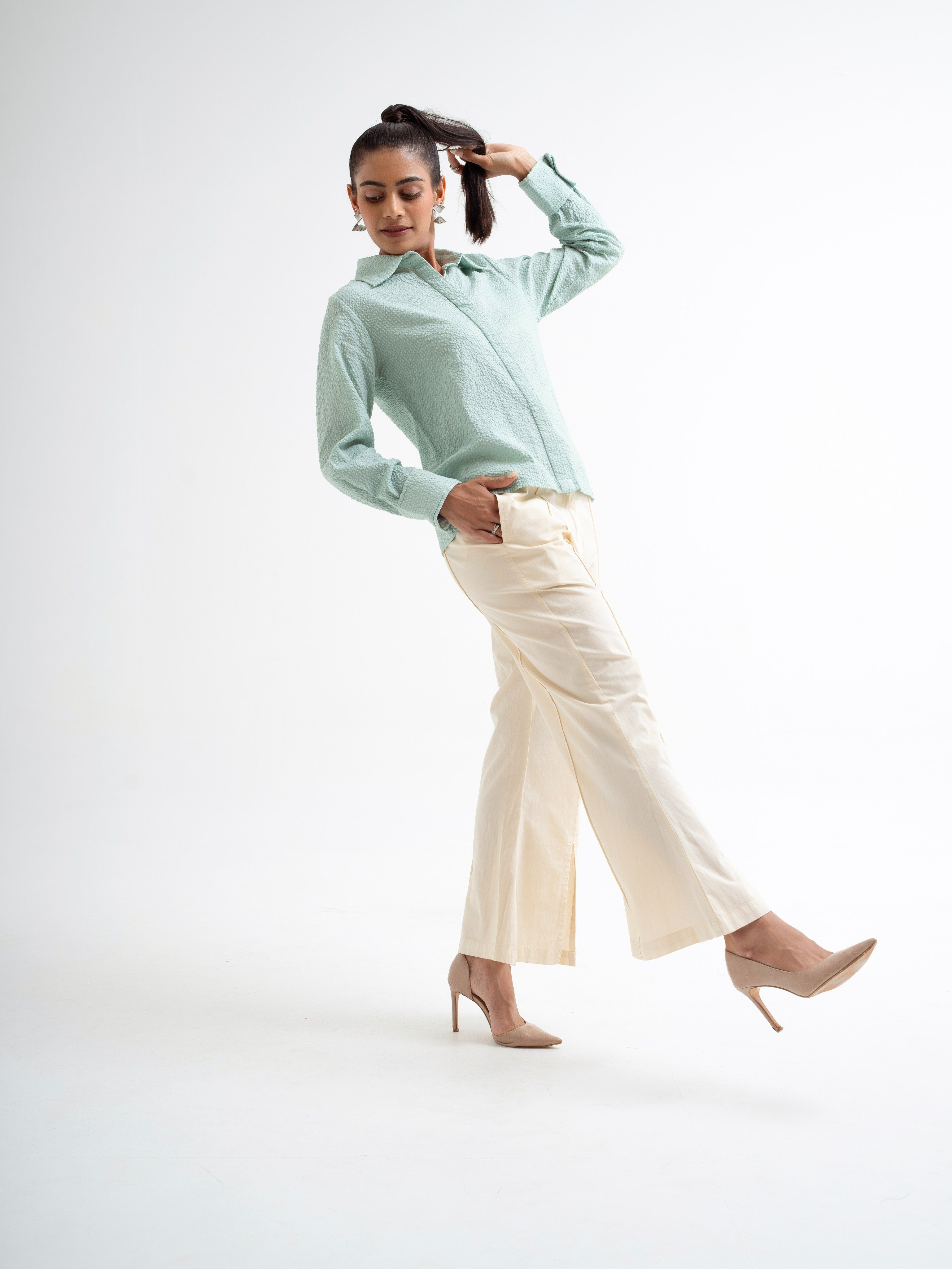 Beige Front Slit Pintuck Pants