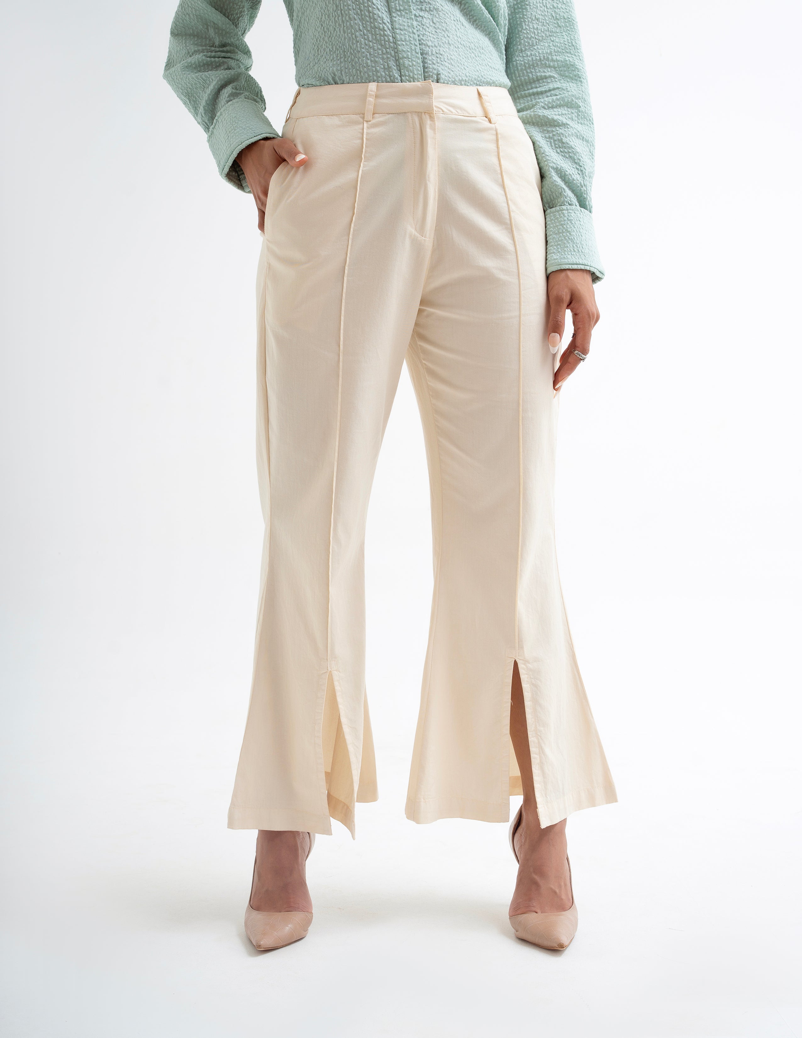 Beige Front Slit Pintuck Pants